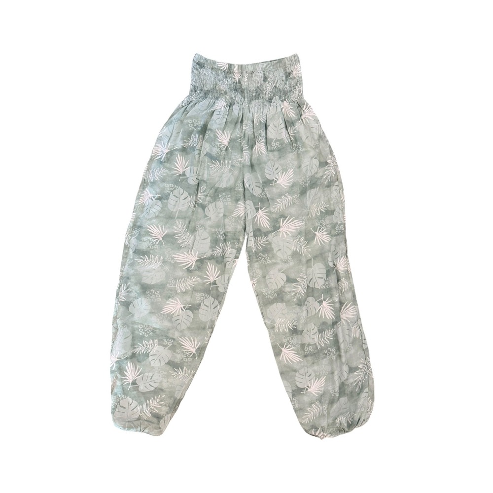 Lotus and Luna Sage Green Tropical Palm Leaf Smocked Harem Pants Rayon Womens
